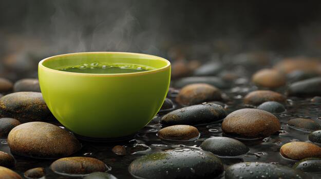 Steaming green matcha in a ceramic bowl resting among wet river stones