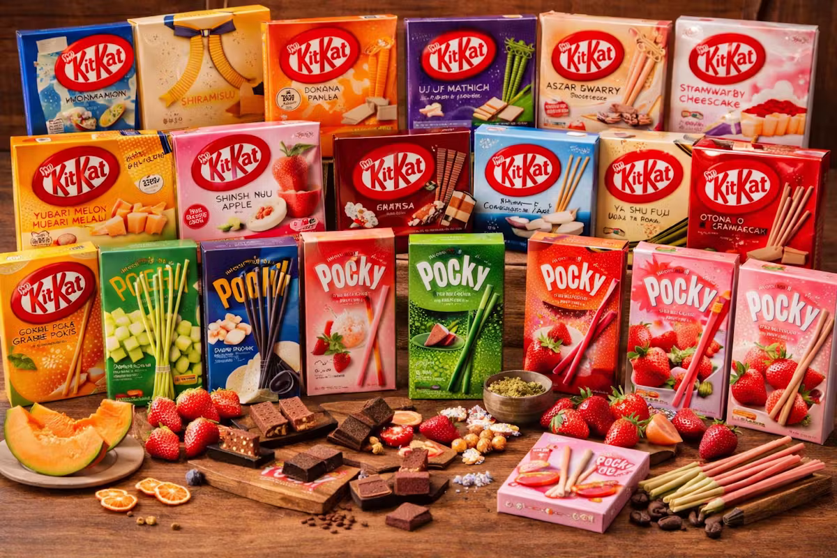 Regional Japanese KitKat and Pocky boxes in exclusive flavors